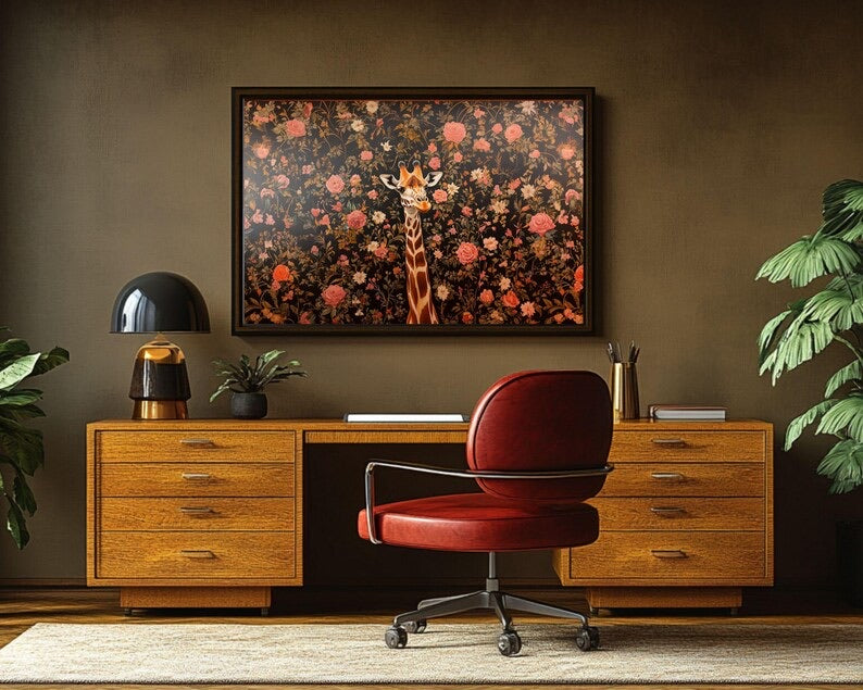 Feminine floral art print with giraffe centerpiece for living room decor.
