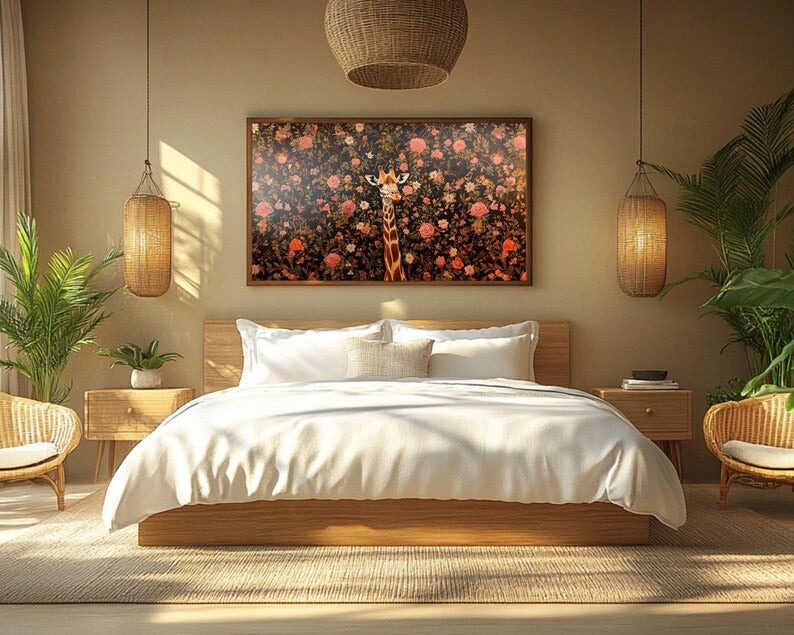 Chic safari-style giraffe wall art over classic vintage floral print.