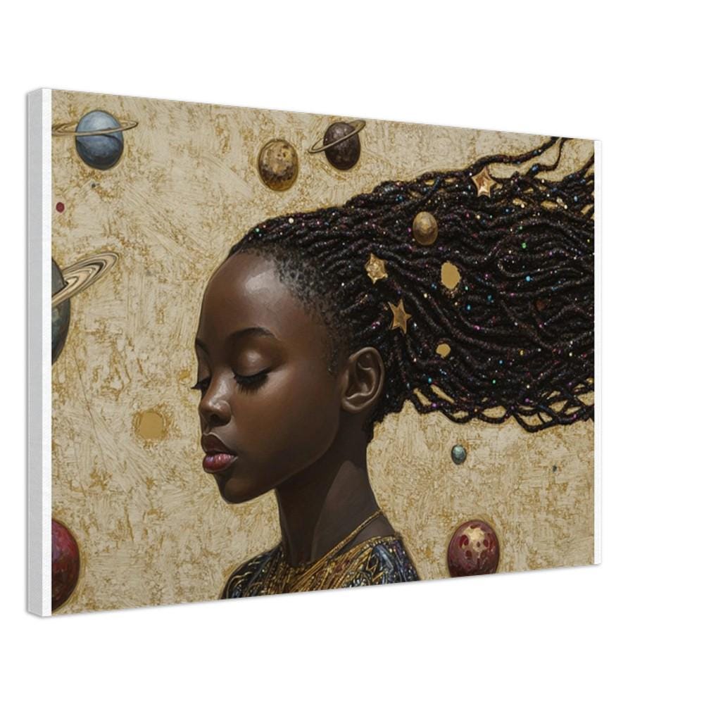 Celestial themed canvas art featuring a Black girl dreaming of the universe, perfect as African American wall art for kids' rooms.
