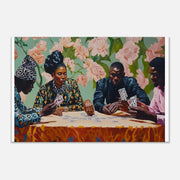 Black friends enjoying a game of cards, vibrant african american wall art for a lively home decor touch.
