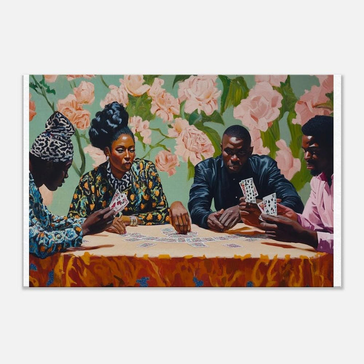 Black friends enjoying a game of cards, vibrant african american wall art for a lively home decor touch.