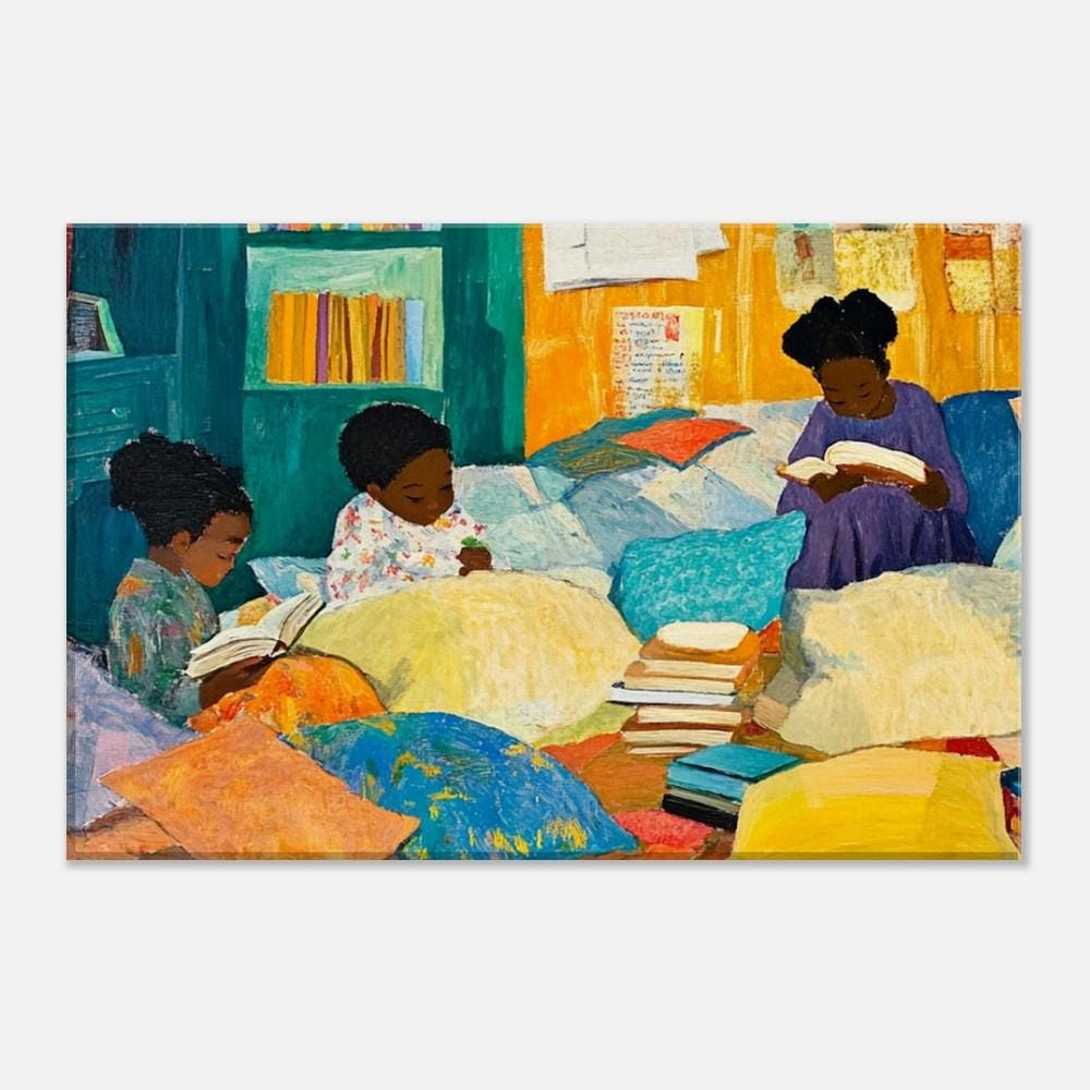 African American wall art featuring black children engrossed in reading, creating a warm and inspiring atmosphere.