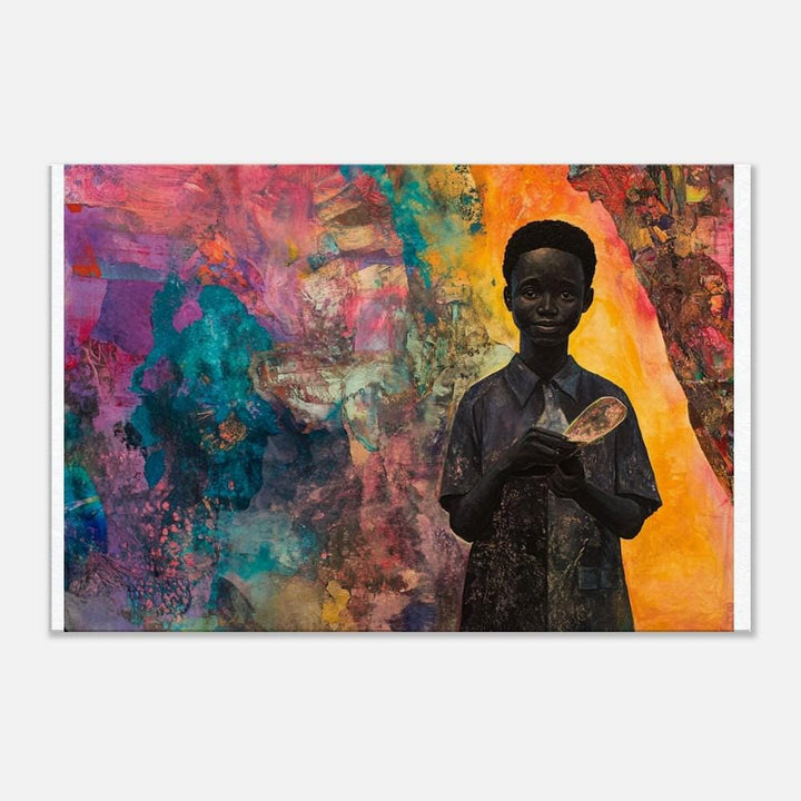 Vibrant black boy portrait as canvas art, showcasing African American wall art with rich colors and expressive features.