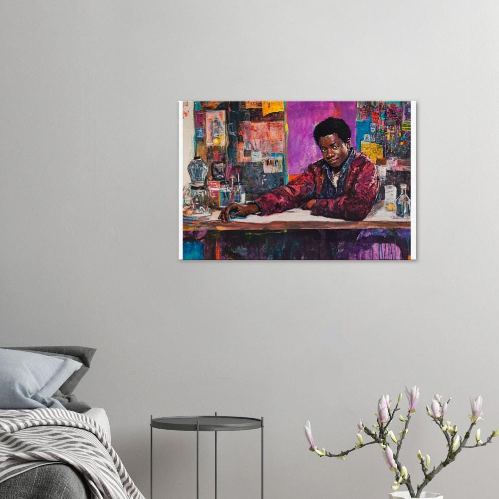 Confident Black Man in Vibrant Studio | Afrocentric Abstract Wall Art | Inspirational Art for Creative Spaces & Studios