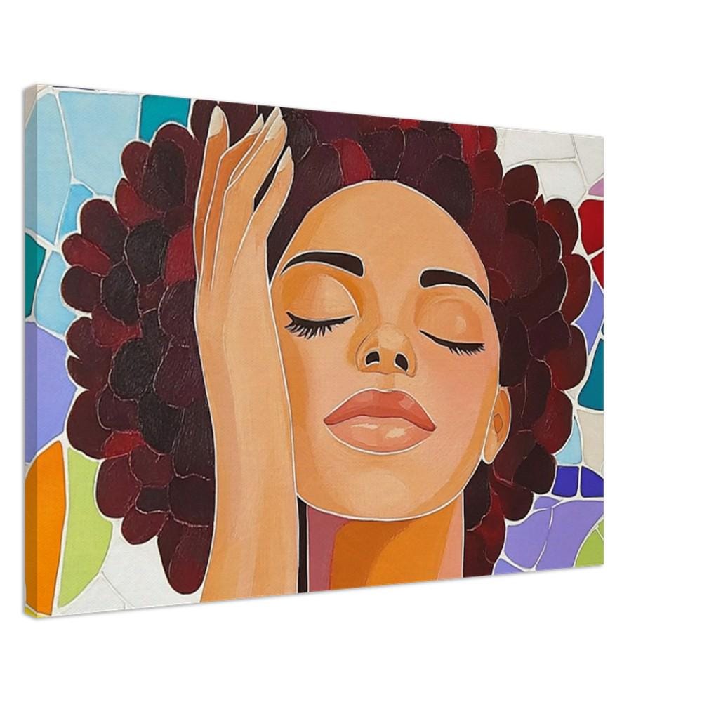 Colorful black woman mosaic canvas art, perfect as striking African American wall art for modern home decor.
