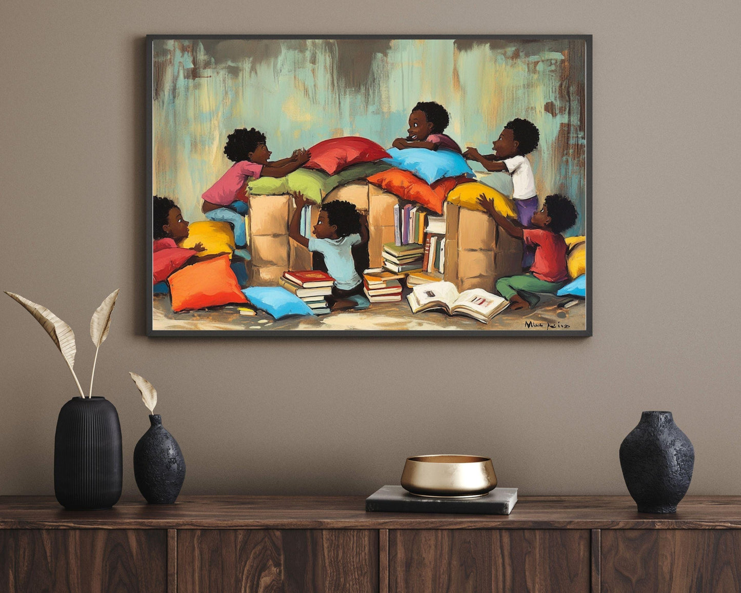 Black Children Building a Pillow Fort | Playful Afrocentric Wall Art | Inspiring Kids Room Decor