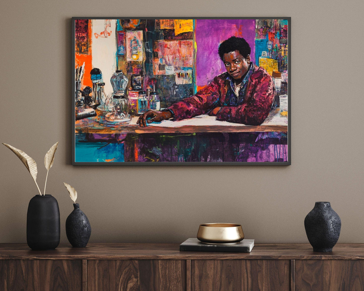 Confident Black Man in Vibrant Studio | Afrocentric Abstract Wall Art | Inspirational Art for Creative Spaces & Studios