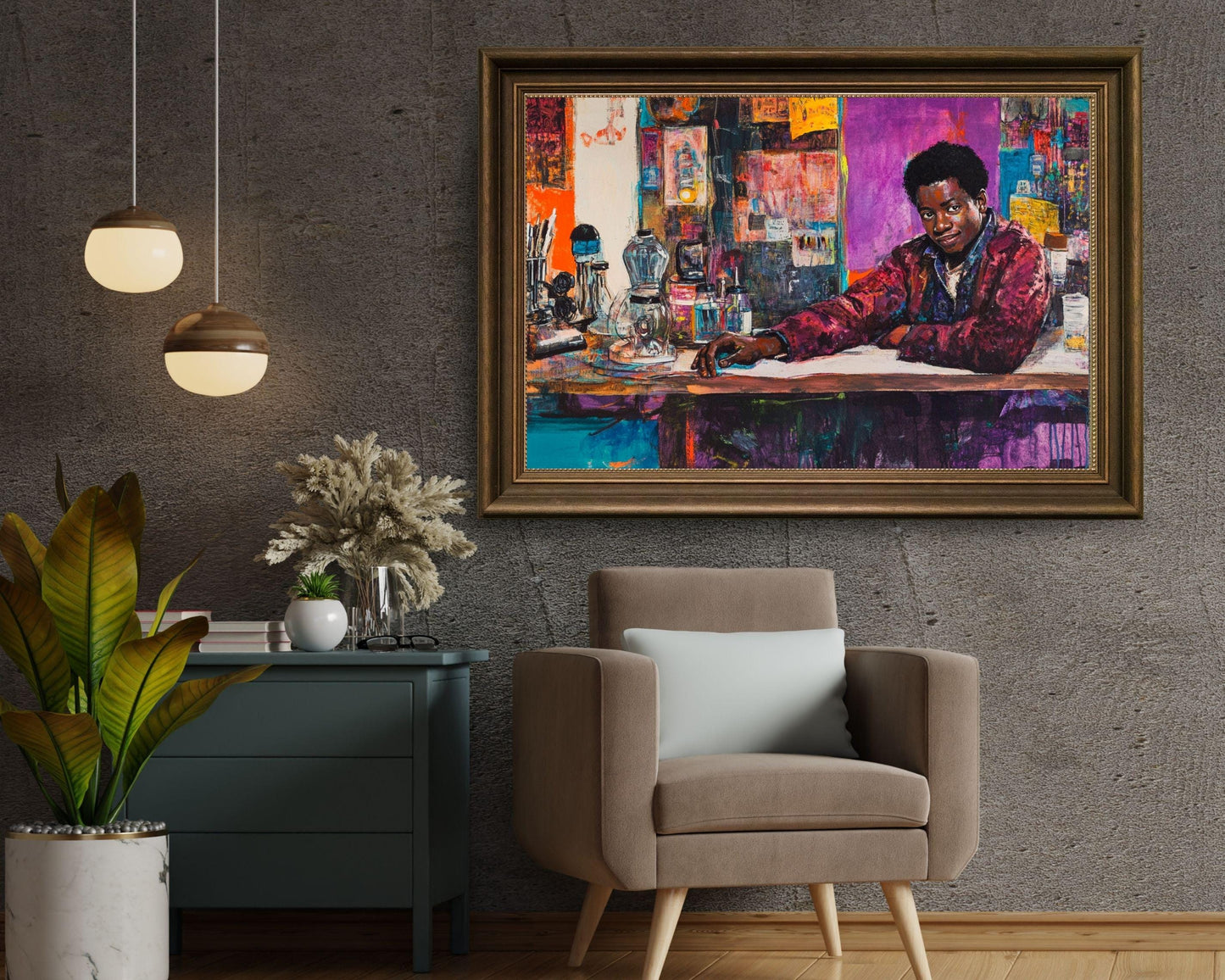 Confident Black Man in Vibrant Studio | Afrocentric Abstract Wall Art | Inspirational Art for Creative Spaces & Studios