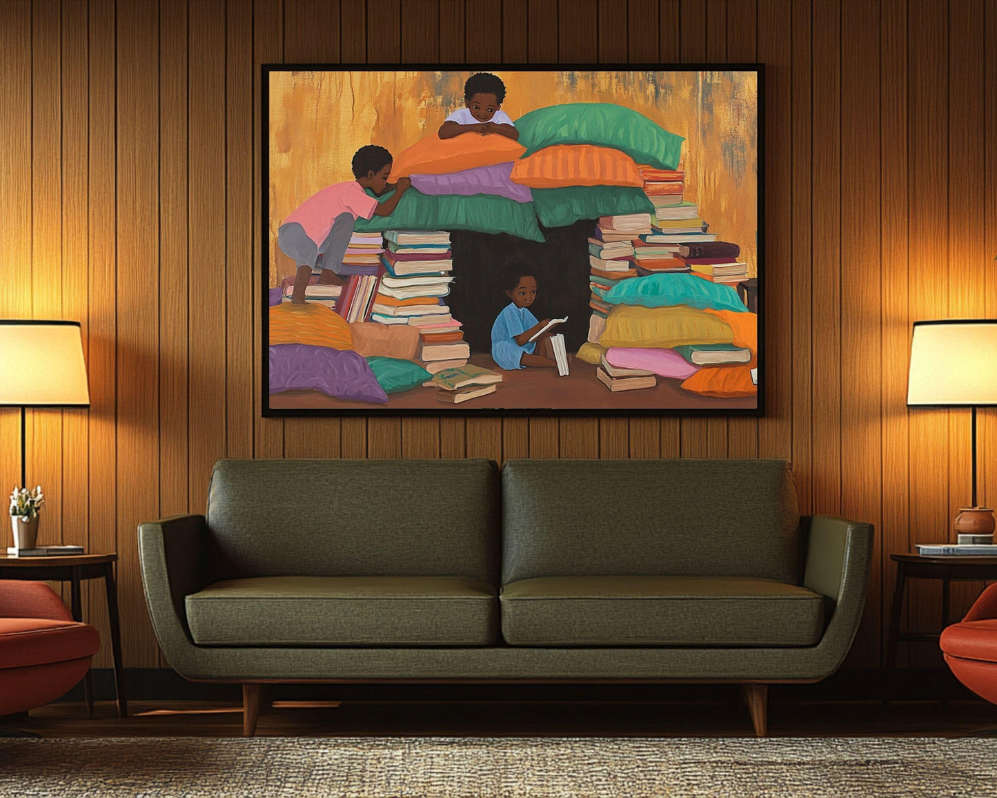 Black Children Building a Book Fort | Afrocentric Playful Wall Art | Inspiring Kids Room Decor Celebrating Imagination & Learning