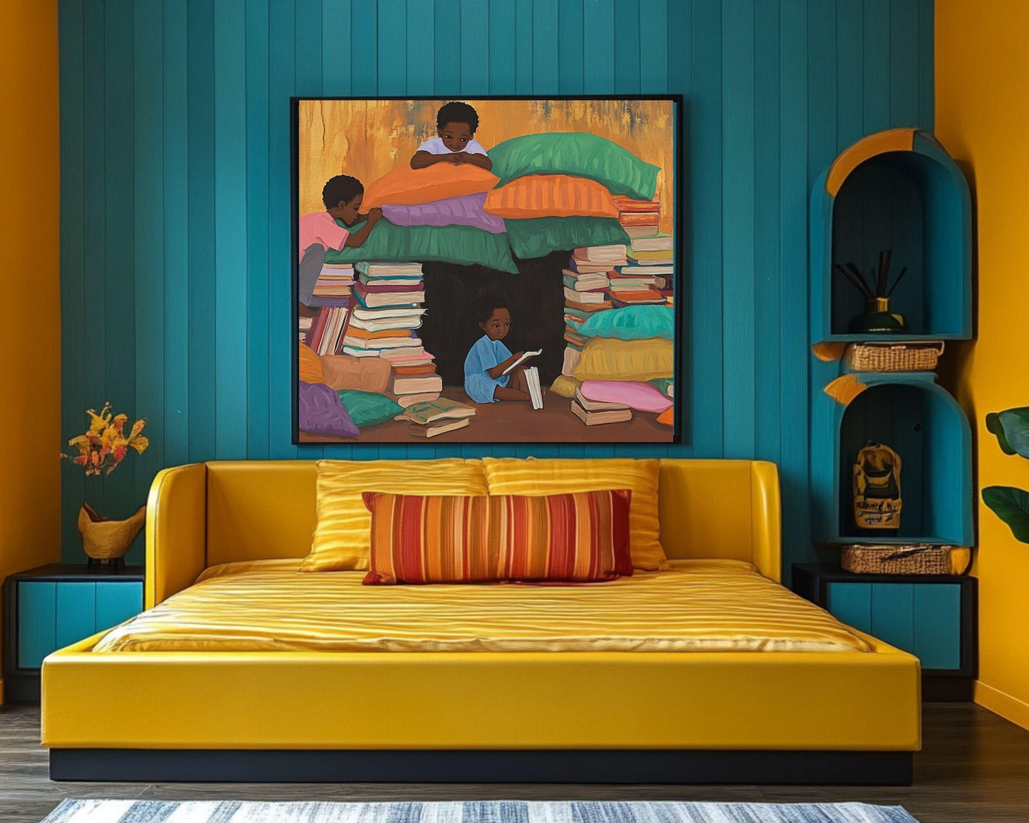 Black Children Building a Book Fort | Afrocentric Playful Wall Art | Inspiring Kids Room Decor Celebrating Imagination & Learning