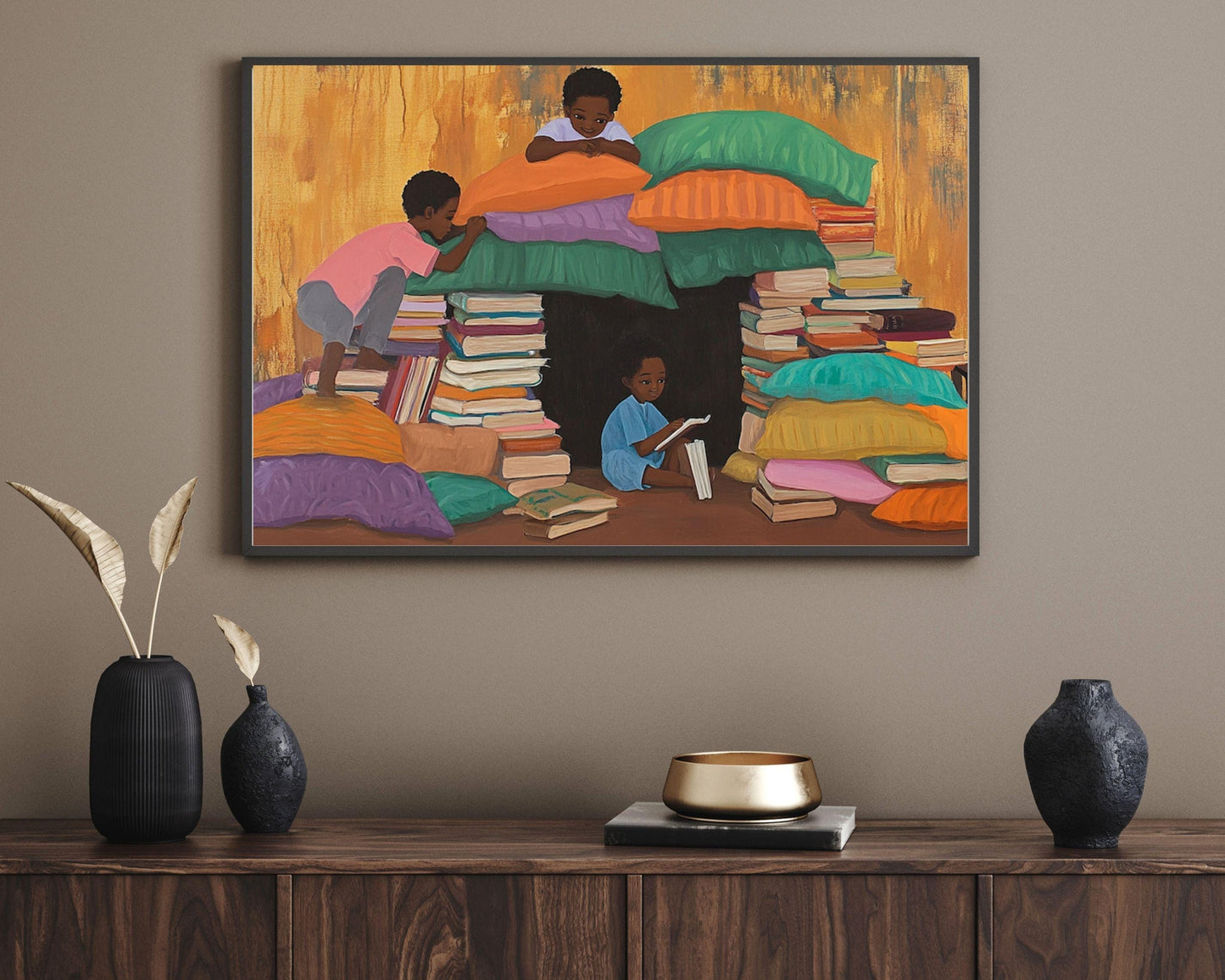 Black Children Building a Book Fort | Afrocentric Playful Wall Art | Inspiring Kids Room Decor Celebrating Imagination & Learning