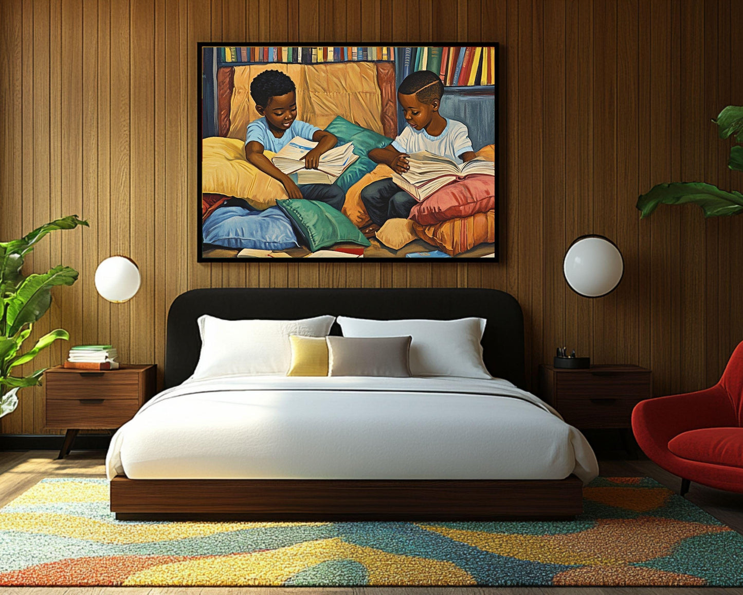 Black Boys Reading Together | Afrocentric Educational Wall Art | Inspiring Kids Room Decor Celebrating Literacy & Brotherhood