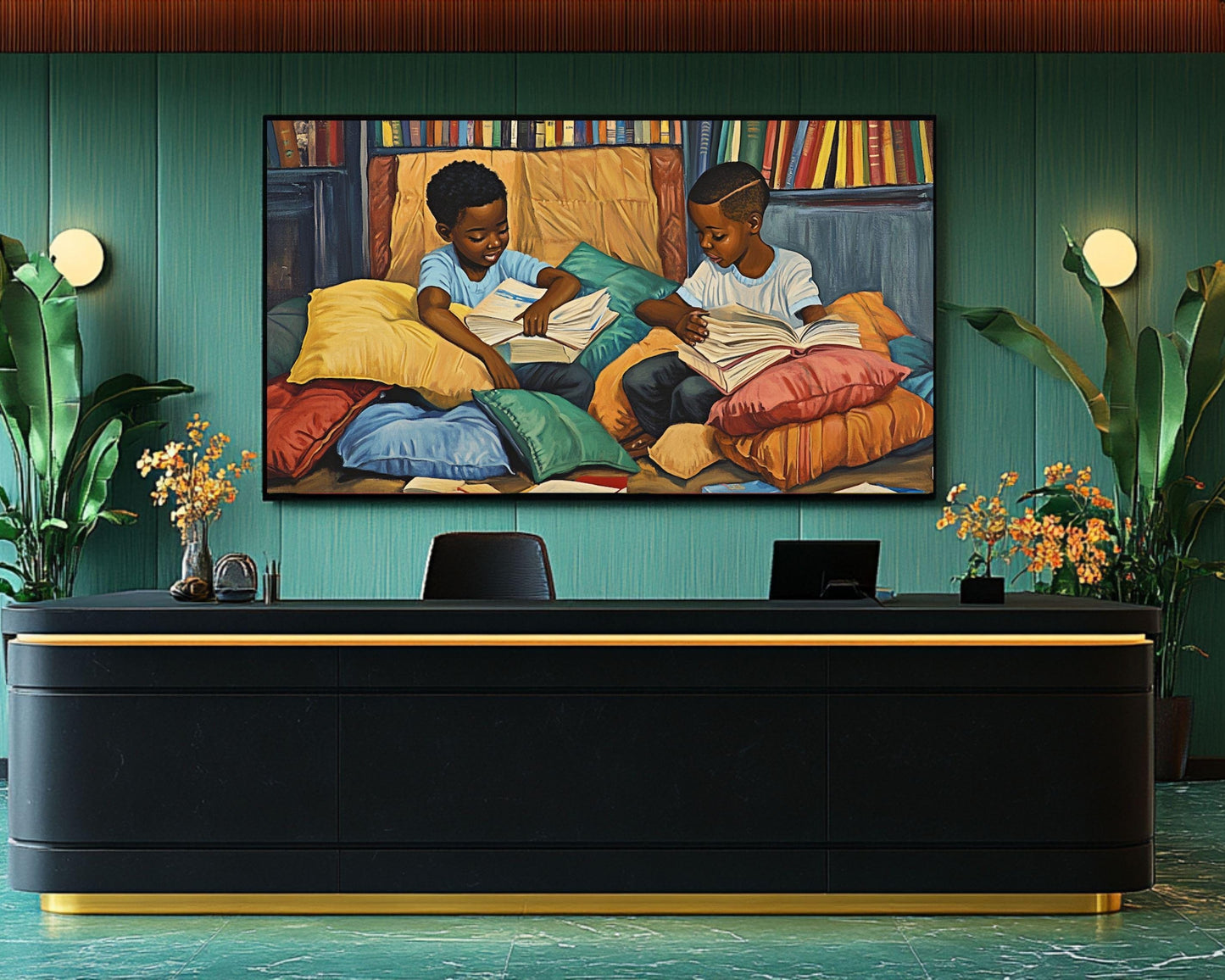 Black Boys Reading Together | Afrocentric Educational Wall Art | Inspiring Kids Room Decor Celebrating Literacy & Brotherhood