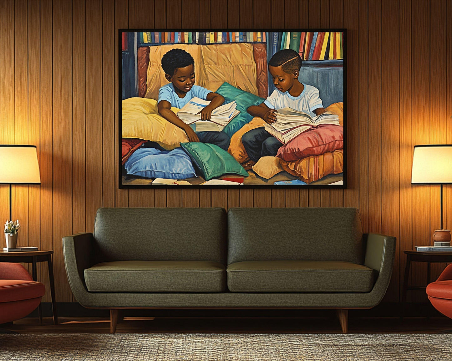 Black Boys Reading Together | Afrocentric Educational Wall Art | Inspiring Kids Room Decor Celebrating Literacy & Brotherhood