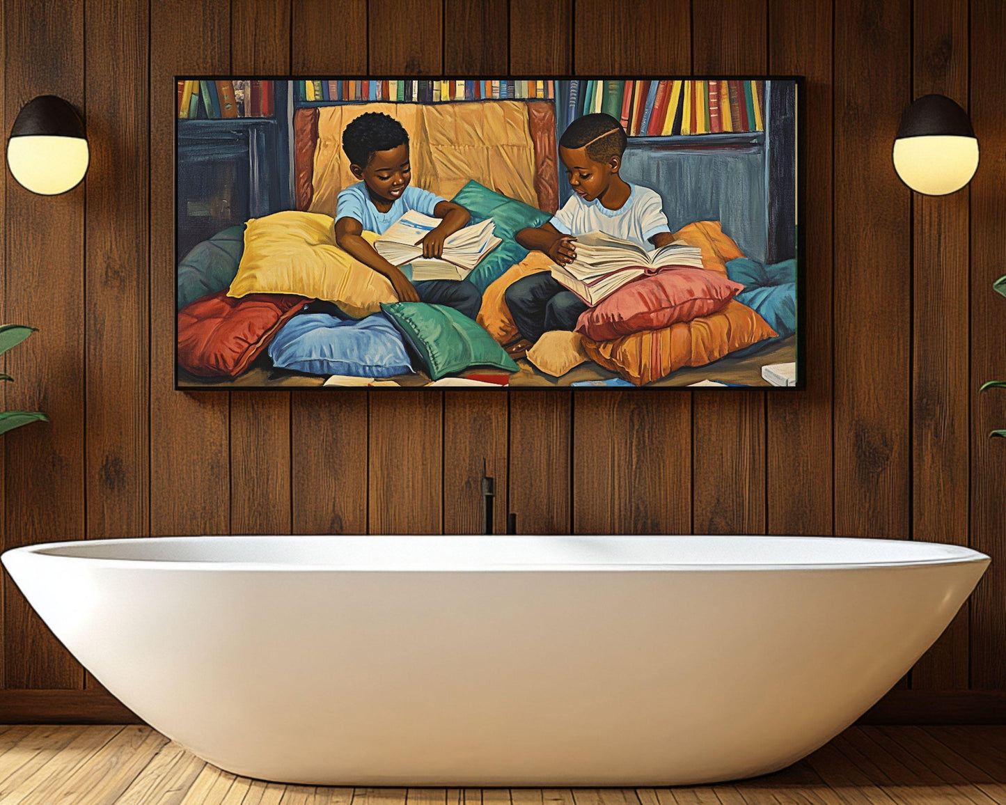 Black Boys Reading Together | Afrocentric Educational Wall Art | Inspiring Kids Room Decor Celebrating Literacy & Brotherhood