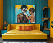 Black Father and Child African American wall art depicting a loving embrace, celebrating family bonds and heritage.
