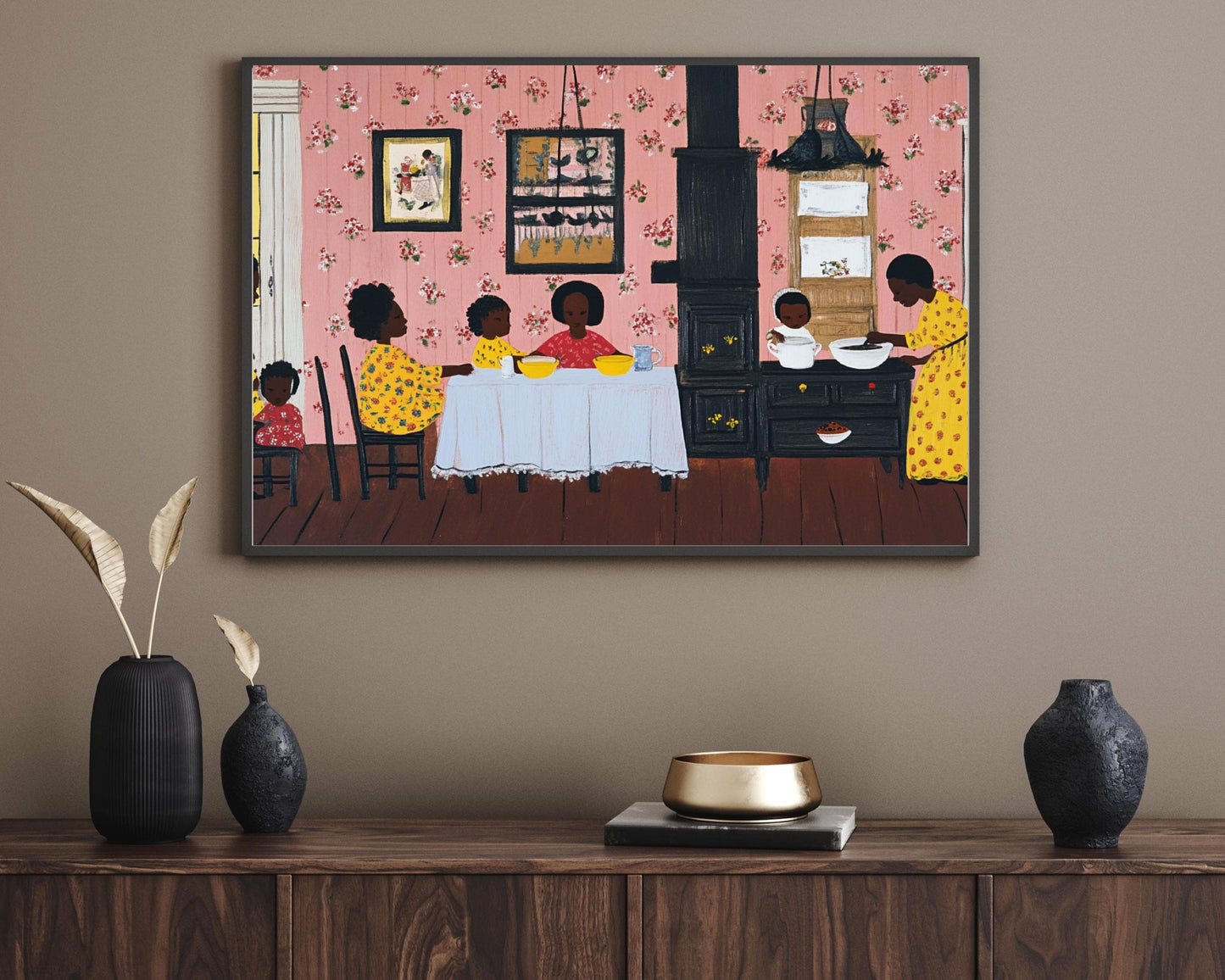 Afrocentric Family Kitchen Scene | Black Heritage Folk Art | Warm and Nostalgic Painting Celebrating Family & Tradition