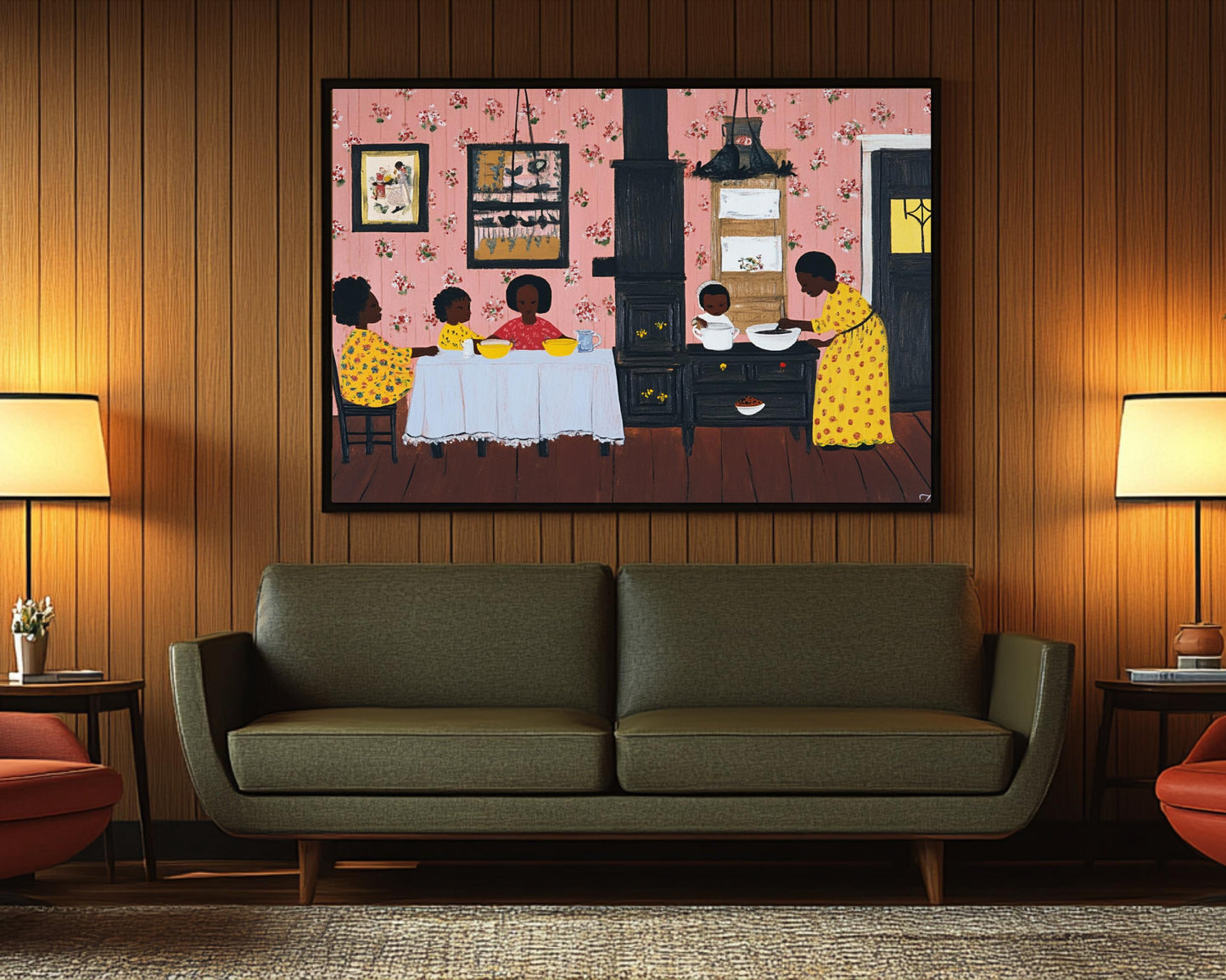 Afrocentric Family Kitchen Scene | Black Heritage Folk Art | Warm and Nostalgic Painting Celebrating Family & Tradition