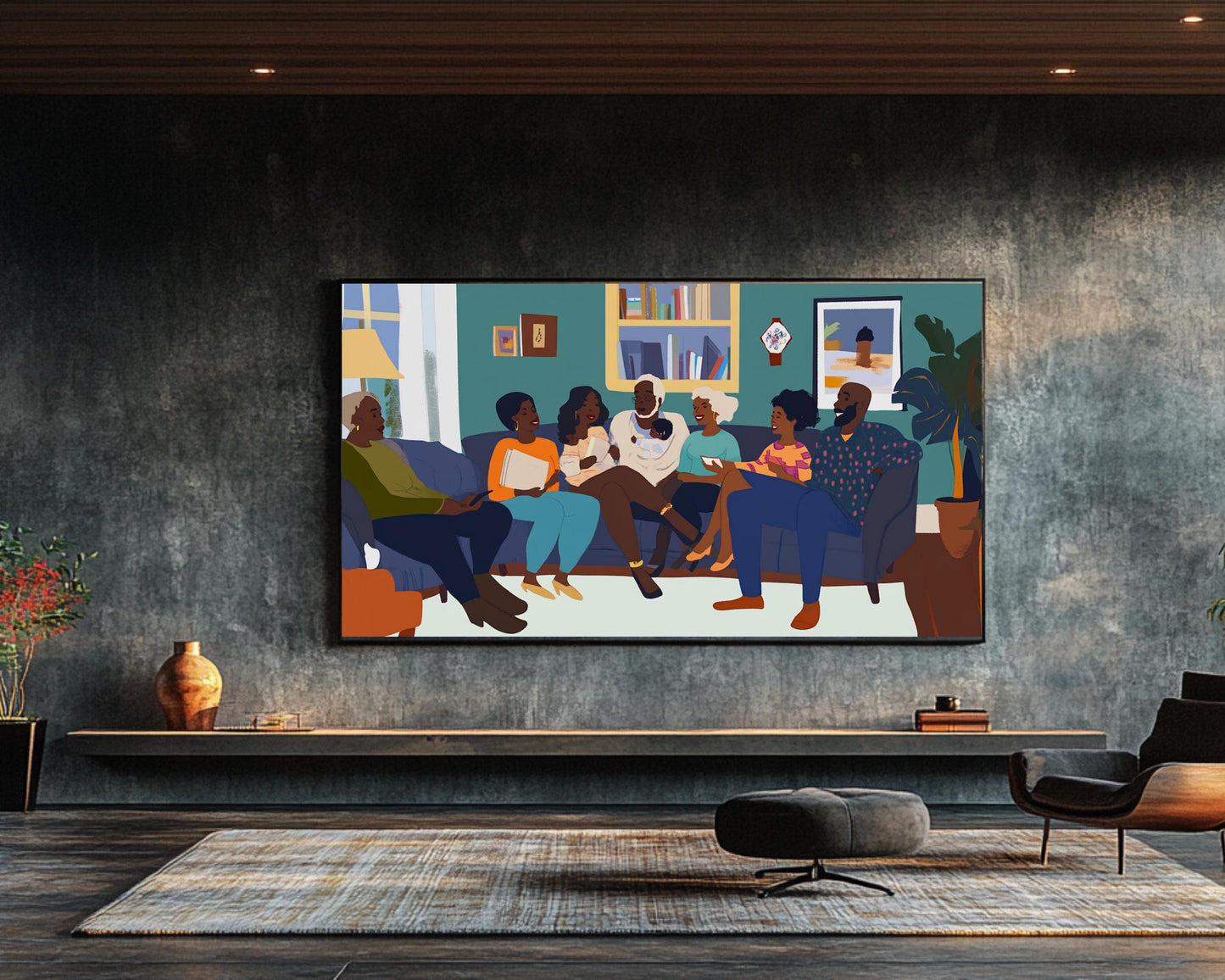 Black Family Gathering Art Print | African American Wall Art Abstract African Art for Living Room | Black Home Decor