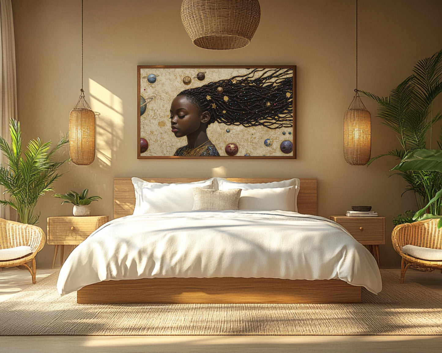 Black Girl Dreaming of the Universe | African American Art | Celestial Themed Canvas Print | Melanin Wall Art | Kids Room Decor