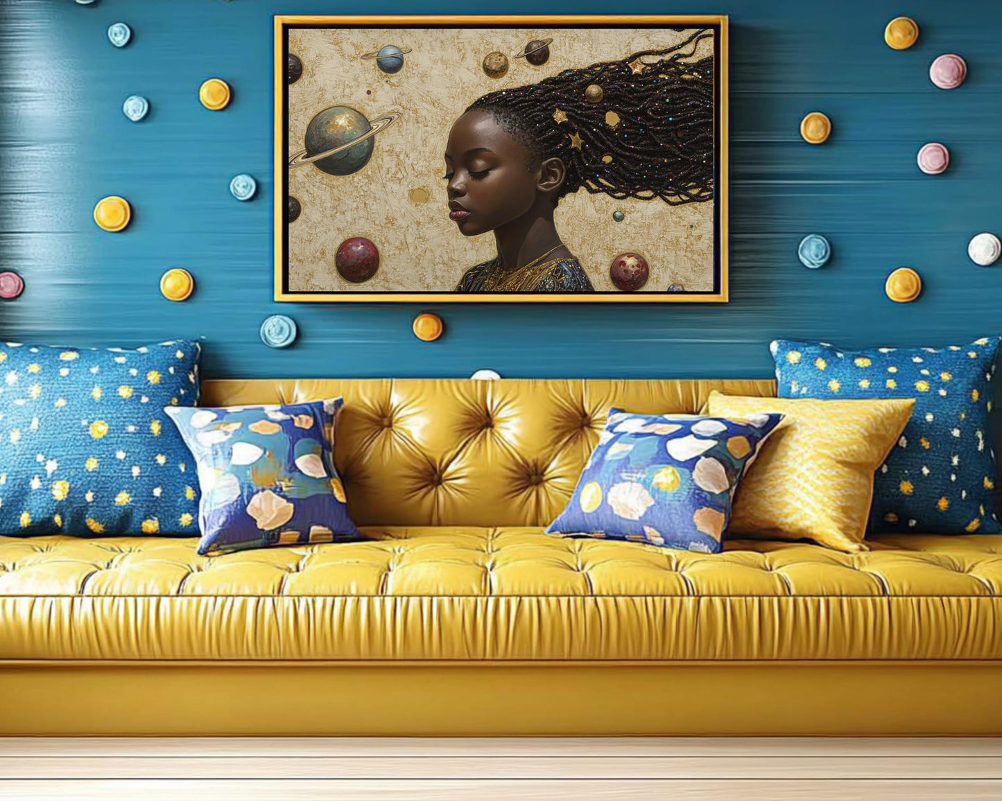 Black Girl Dreaming of the Universe | African American Art | Celestial Themed Canvas Print | Melanin Wall Art | Kids Room Decor