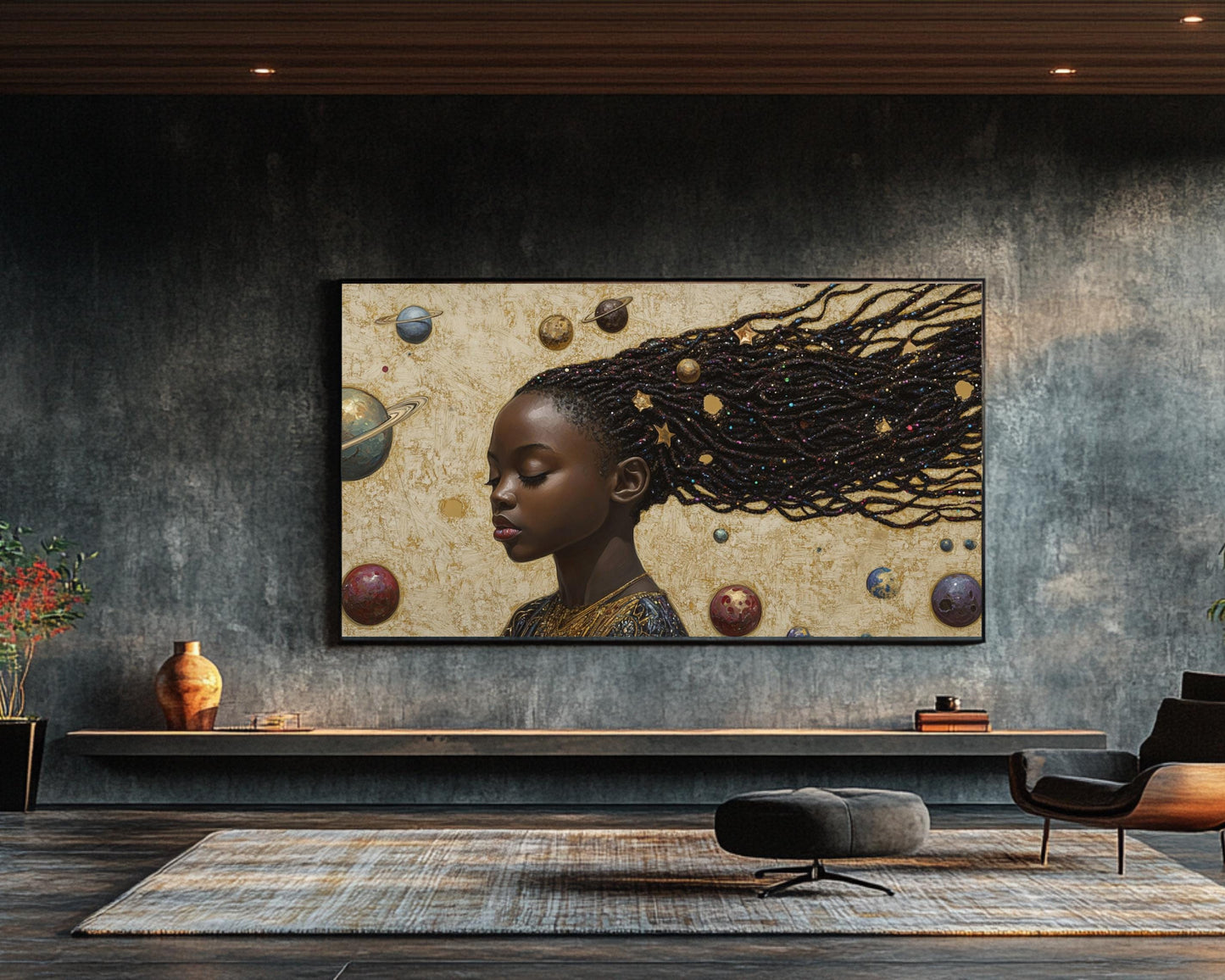 Black Girl Dreaming of the Universe | African American Art | Celestial Themed Canvas Print | Melanin Wall Art | Kids Room Decor