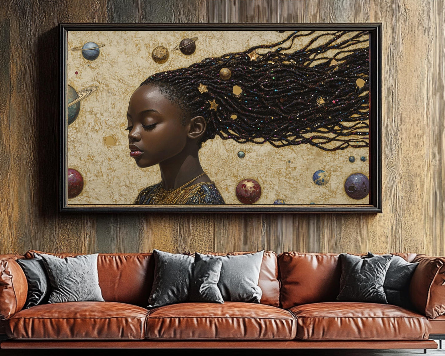 Black Girl Dreaming of the Universe | African American Art | Celestial Themed Canvas Print | Melanin Wall Art | Kids Room Decor