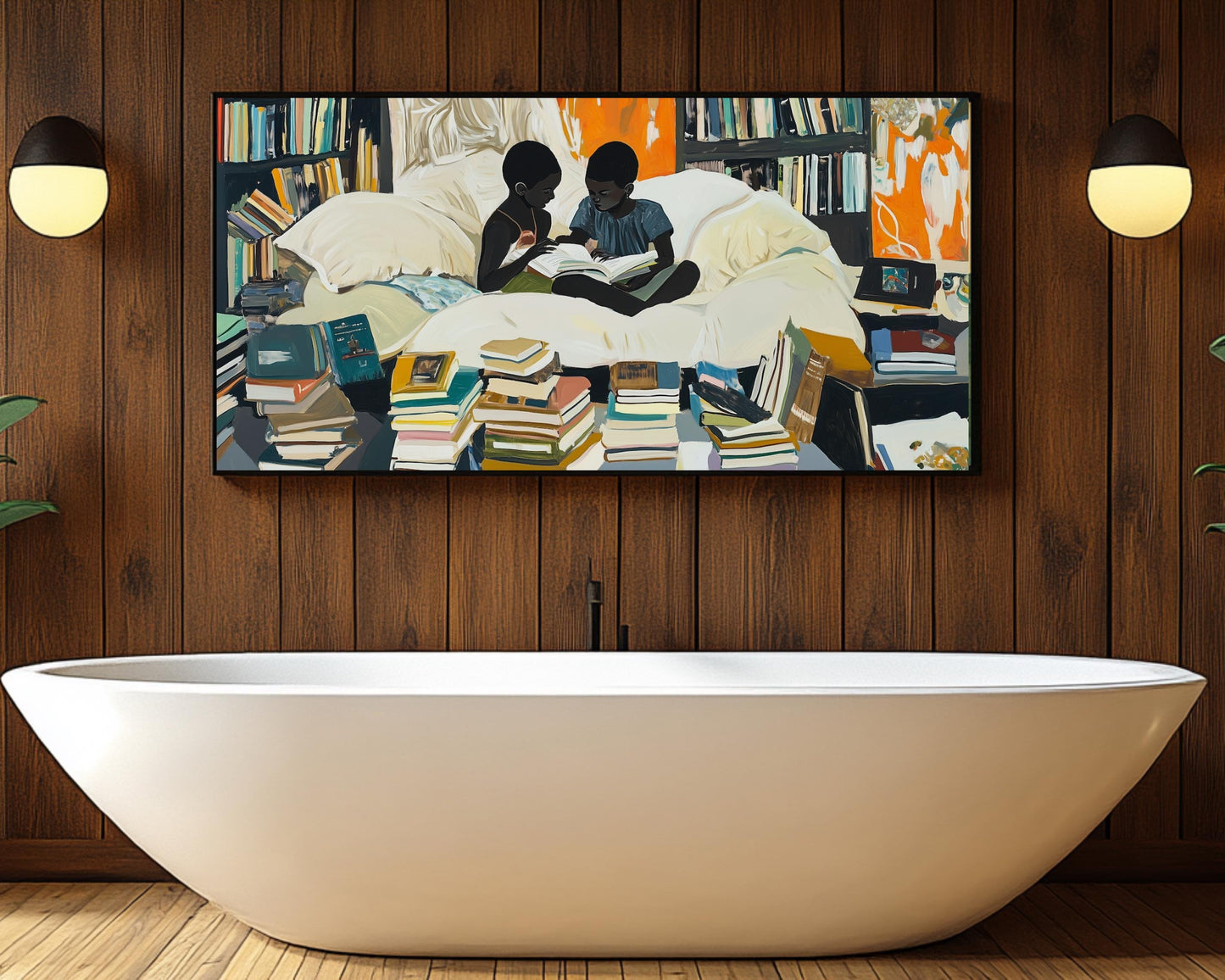 Black Siblings Reading Together | African American Art | Cozy Book Lover’s Canvas Print | Melanin Wall Art | Home Library Decor