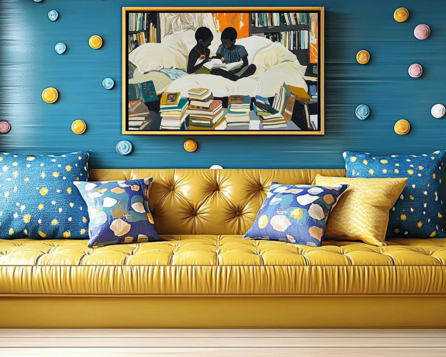 Black Siblings Reading Together | African American Art | Cozy Book Lover’s Canvas Print | Melanin Wall Art | Home Library Decor