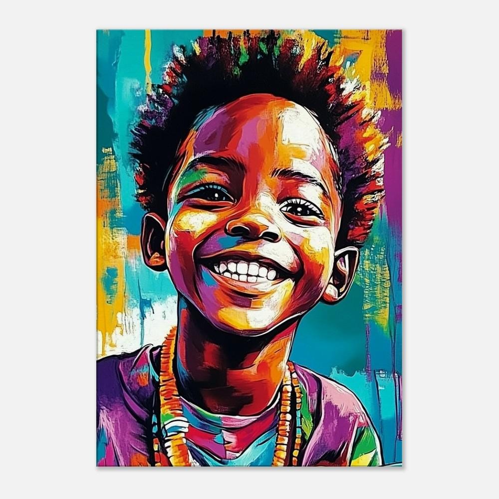 Young Black boy joyfully holding a fish, vibrant african american wall art displayed on canvas.