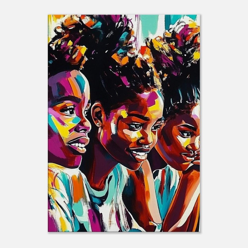 Young Black Women abstract canvas art, vibrant colors capturing strength and beauty, perfect for African American wall art.