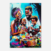 Family gathering enjoying a picnic outdoors, vibrant colors in this African American wall art.