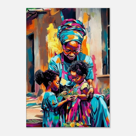 Black Grandmother and Children Gardening | African American Art | Colorful Abstract Canvas Print | Family Bond Wall Art | Joyful Home Decor