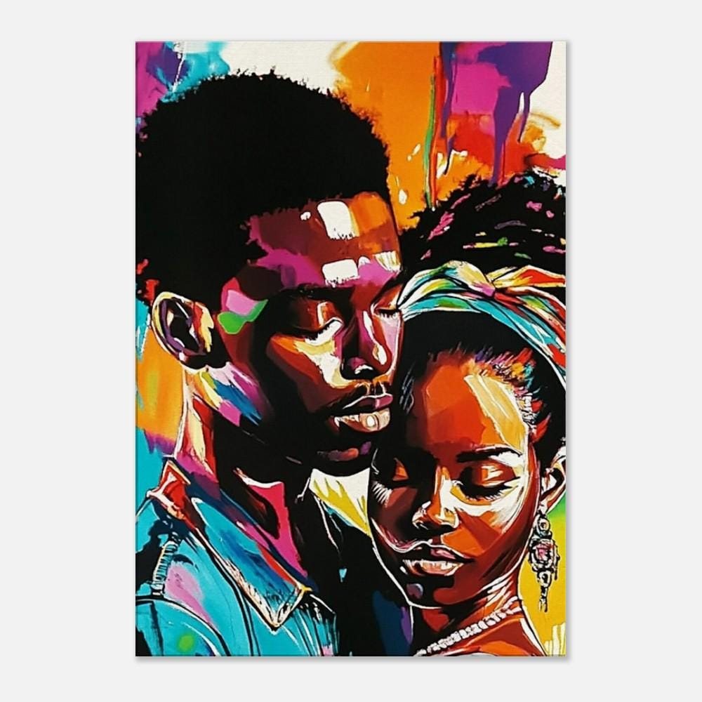 Romantic black couple abstract African American wall art, celebrating love and connection in vibrant colors.