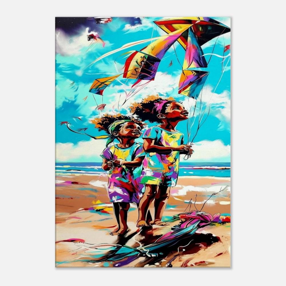 Kite Flying Black Siblings canvas art featuring joyful African American siblings in a vibrant outdoor setting.