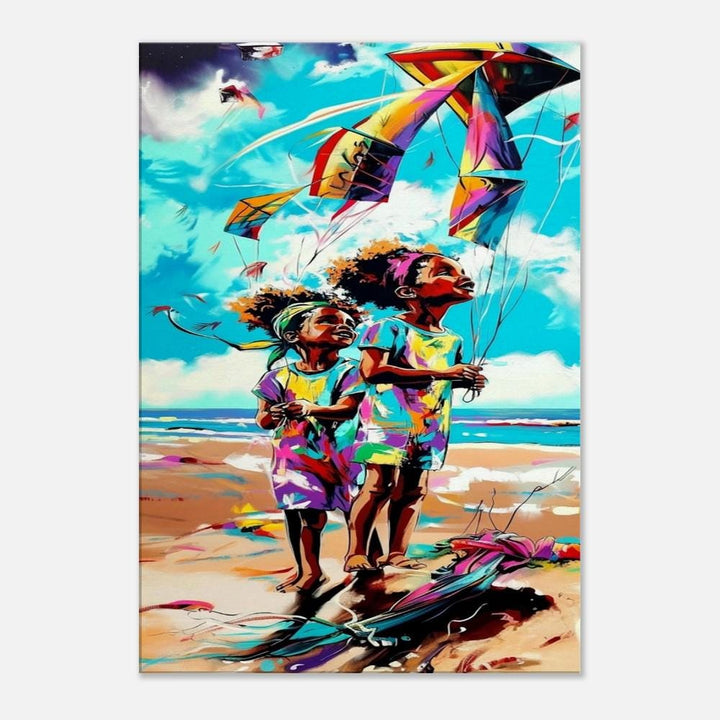 Kite Flying Black Siblings canvas art featuring joyful African American siblings in a vibrant outdoor setting.