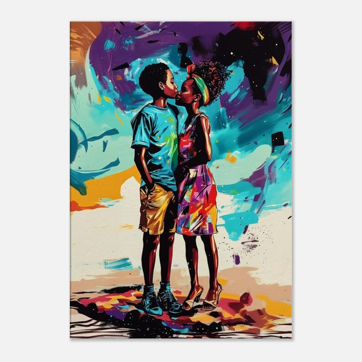 Vibrant Black couple depicted in colorful canvas art, showcasing love and connection in african american wall art.
