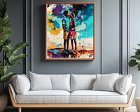 Colorful abstract african american wall art on canvas, depicting vibrant shapes and patterns in an expressive design.