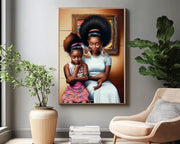 Mother and daughter embracing in vibrant hues, showcasing African American wall art on canvas.