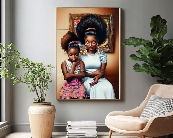 Mother and daughter embracing in vibrant hues, showcasing African American wall art on canvas.