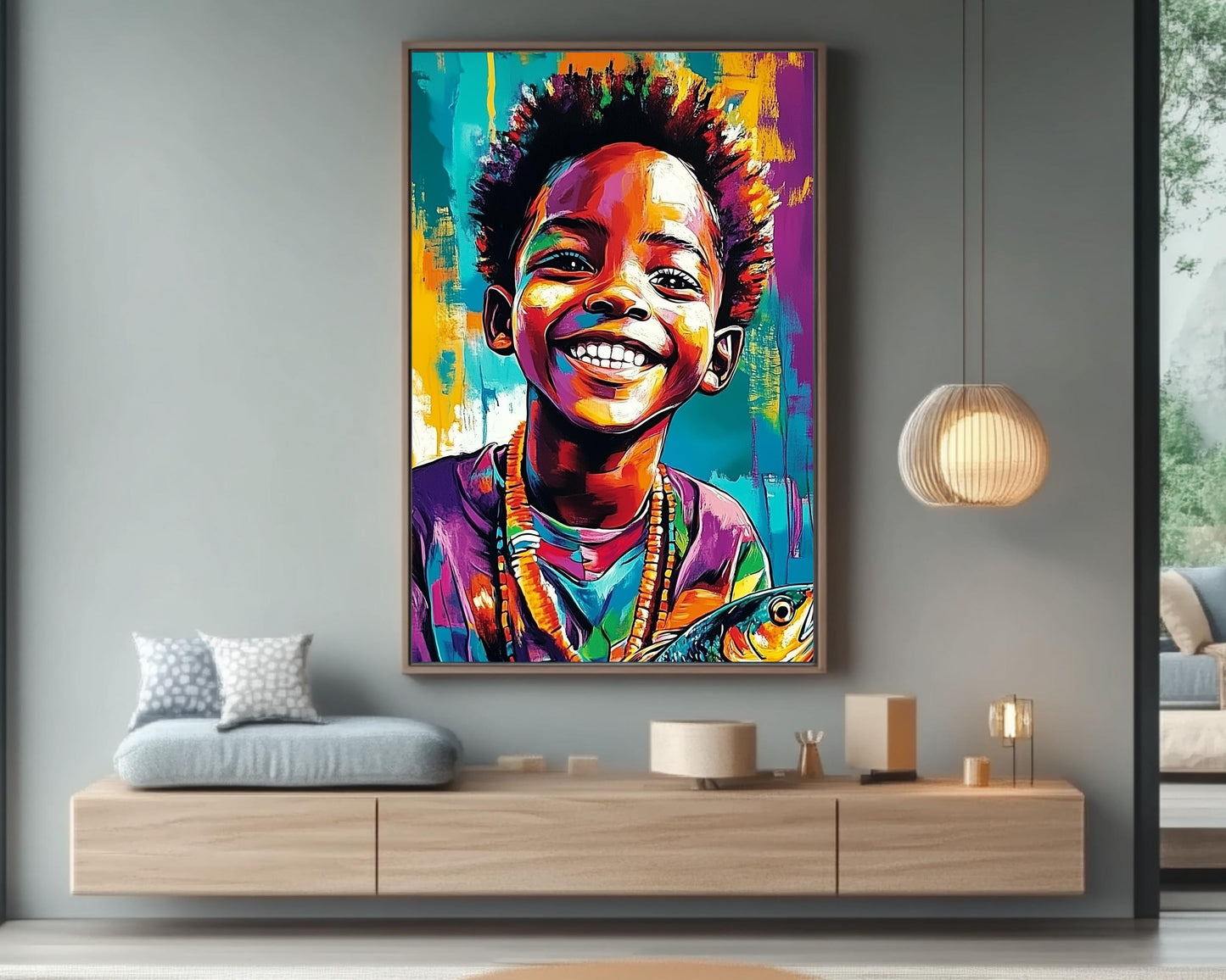 Proud Black Boy with Fish | African American Art | Colorful Abstract Canvas Print | Joyful Black Boy Wall Art | Vibrant Home Decor