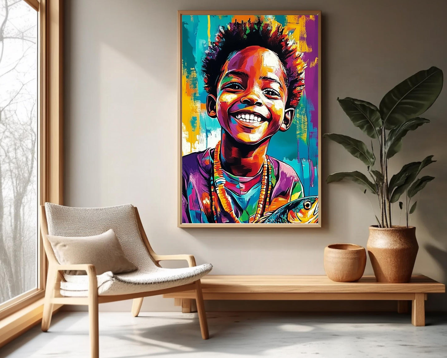 Proud Black Boy with Fish | African American Art | Colorful Abstract Canvas Print | Joyful Black Boy Wall Art | Vibrant Home Decor