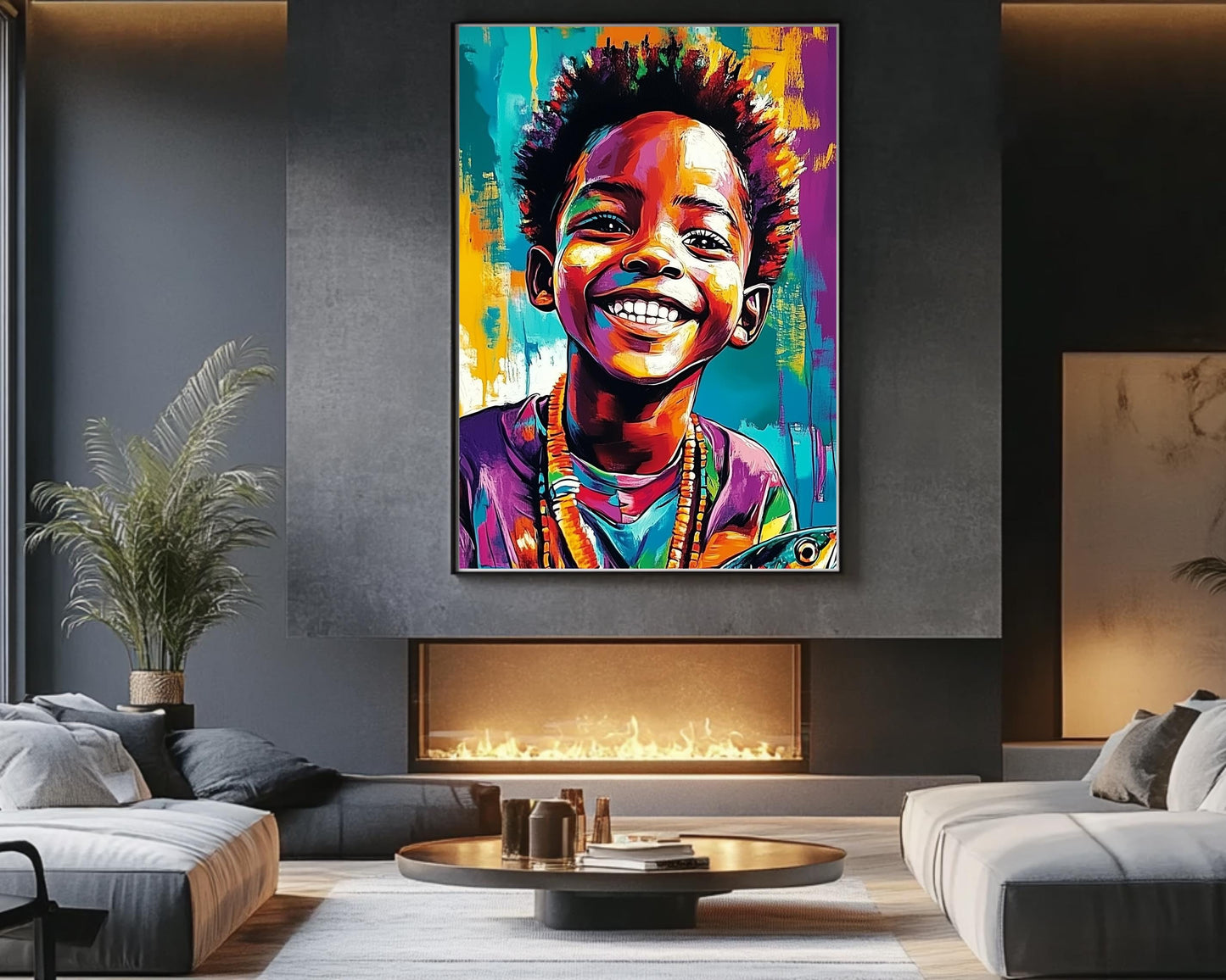 Proud Black Boy with Fish | African American Art | Colorful Abstract Canvas Print | Joyful Black Boy Wall Art | Vibrant Home Decor