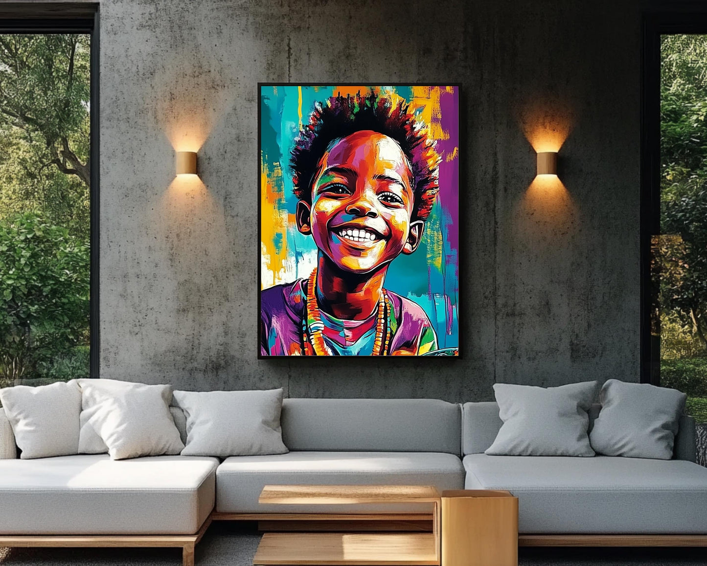 Proud Black Boy with Fish | African American Art | Colorful Abstract Canvas Print | Joyful Black Boy Wall Art | Vibrant Home Decor