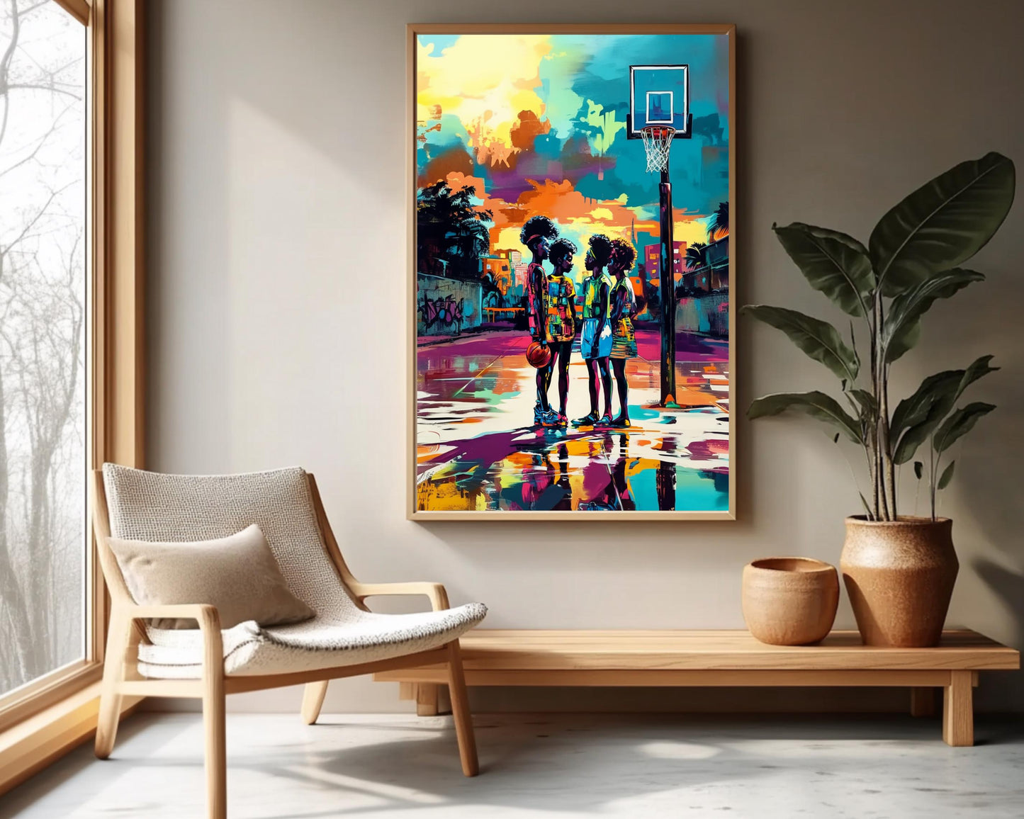 Black Youth on Basketball Court | African American Art | Colorful Abstract Canvas Print | Vibrant Street Art | Modern Home Decor