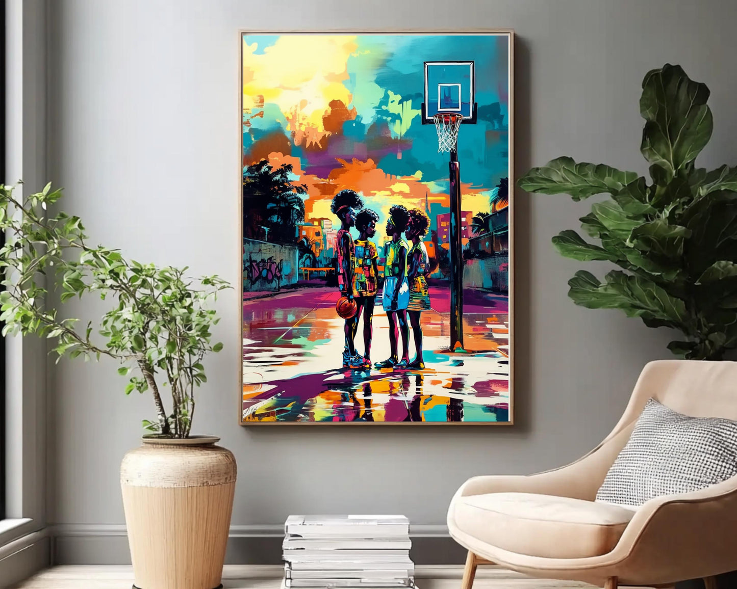 Black Youth on Basketball Court | African American Art | Colorful Abstract Canvas Print | Vibrant Street Art | Modern Home Decor