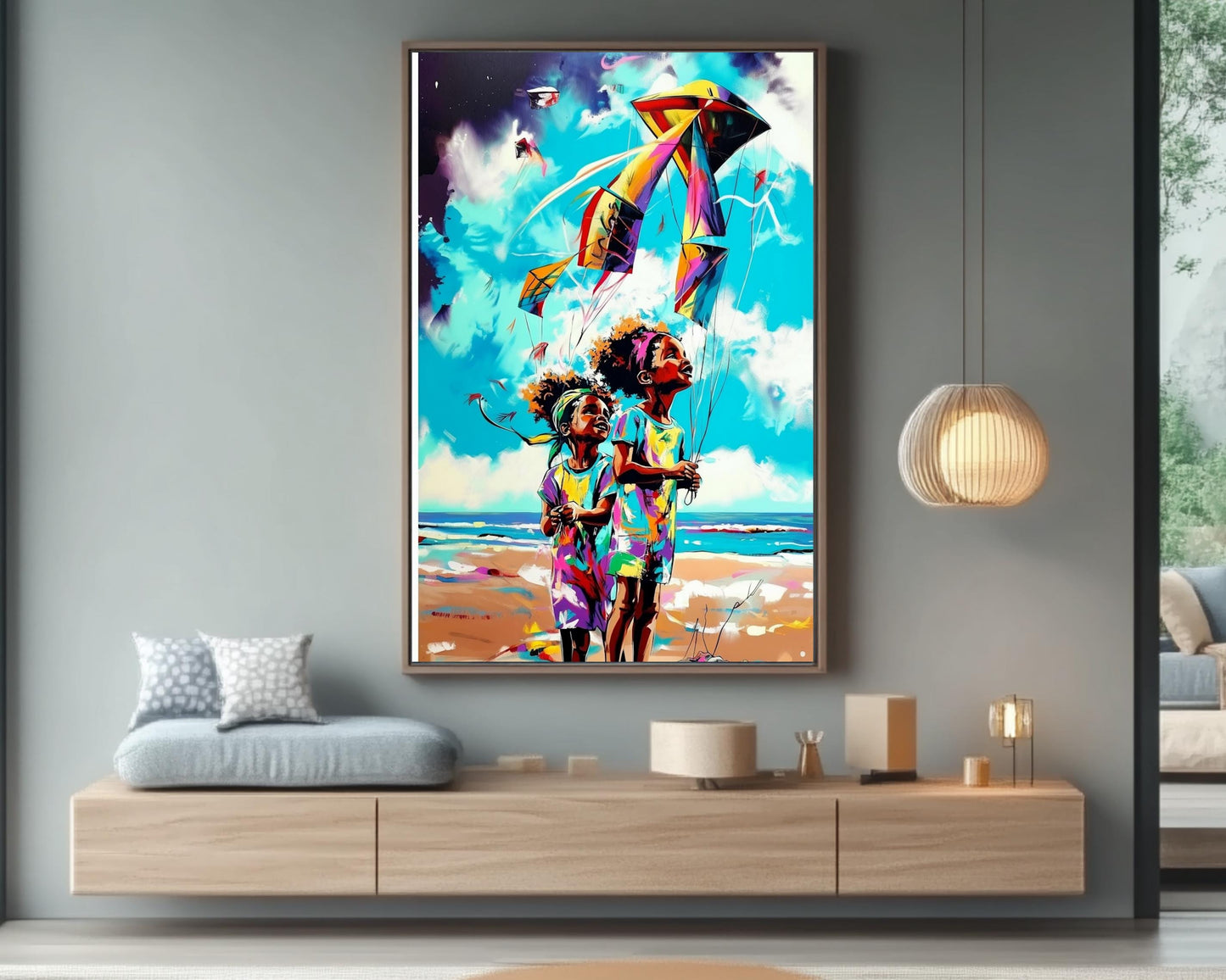 Black Kids Flying Kites | African American Art | Colorful Abstract Canvas Print | Joyful Childhood Art | Beach Wall Art