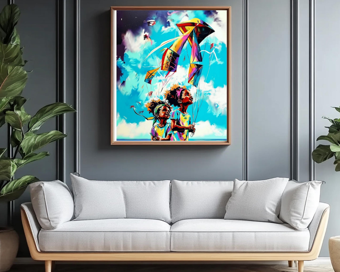 Black Kids Flying Kites | African American Art | Colorful Abstract Canvas Print | Joyful Childhood Art | Beach Wall Art