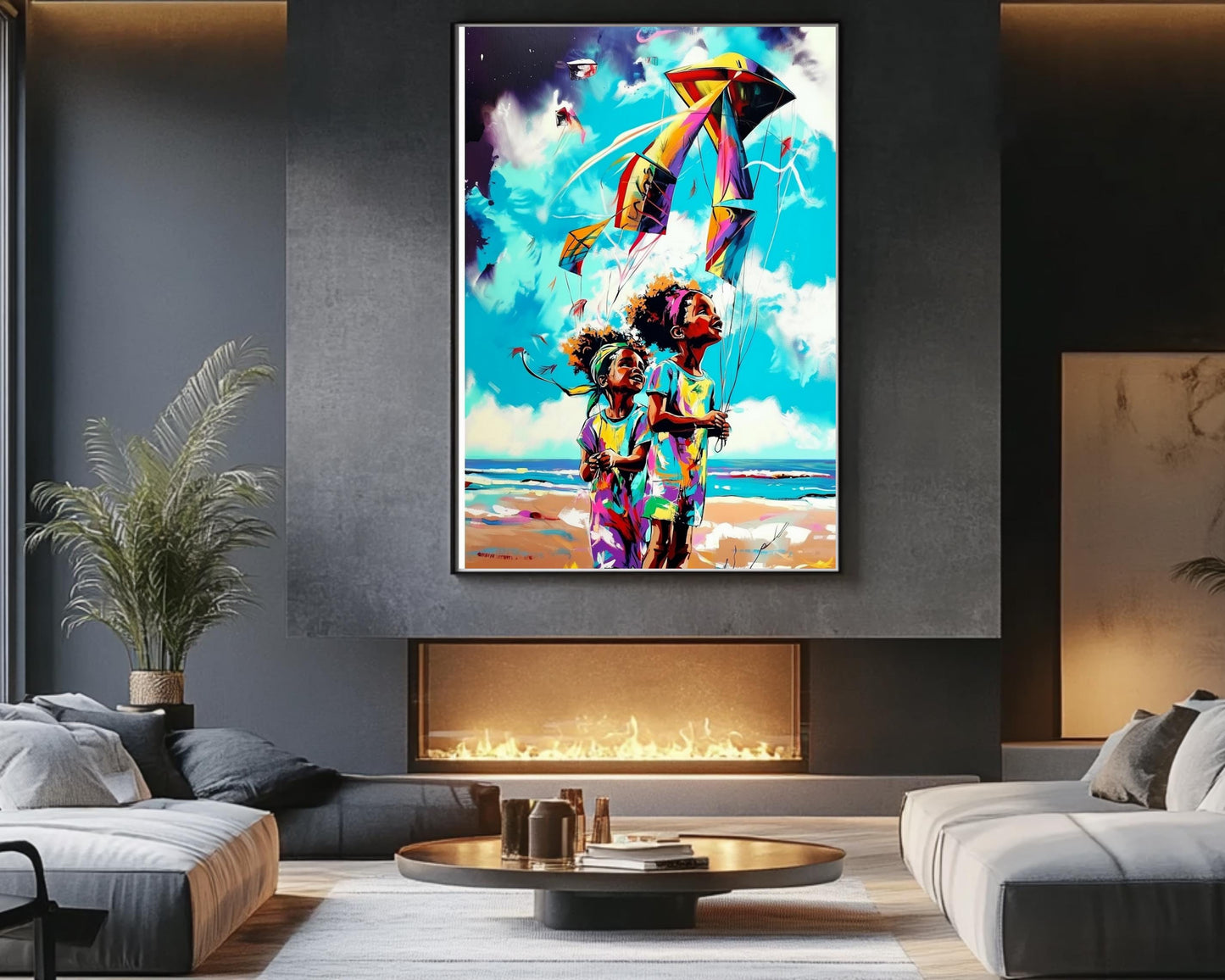 Black Kids Flying Kites | African American Art | Colorful Abstract Canvas Print | Joyful Childhood Art | Beach Wall Art