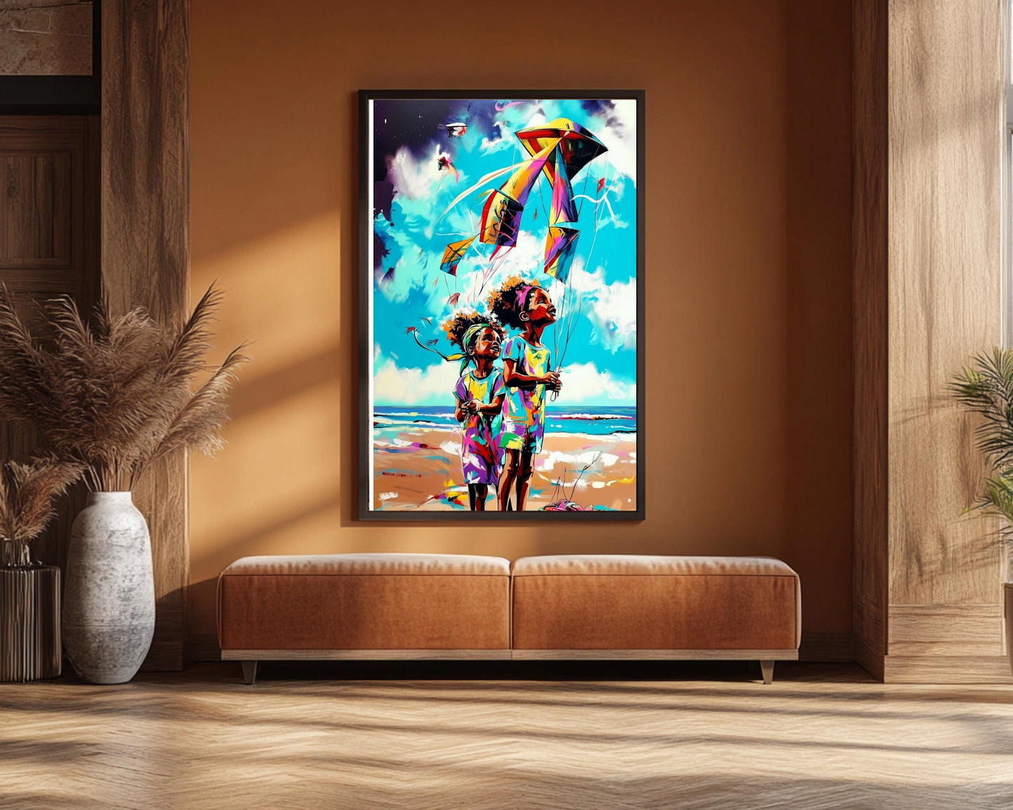 Black Kids Flying Kites | African American Art | Colorful Abstract Canvas Print | Joyful Childhood Art | Beach Wall Art